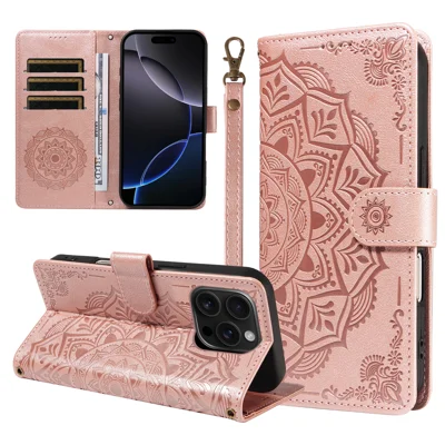 For iPhone 16 Pro Wallet Case Embossed Mandala Pattern PU Leather + TPU Cover with Wrist Strap - Rose Gold