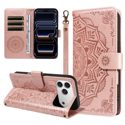 Coque portefeuille pour iPhone 17 Pro Max, motif mandala en relief, cuir PU de qualité supérieure + housse TPU avec dragonne - Or rose
