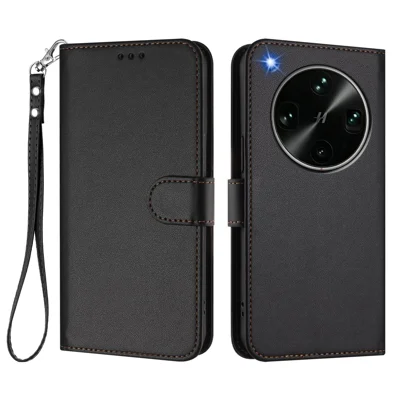 Funda de cuero para Oppo Find X9 Ultra 5G con billetera y soporte, cubierta para teléfono con correa de muñeca - Negro