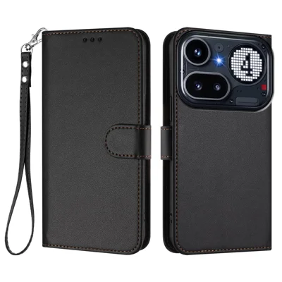 Lederfodral för Nothing Phone (4a) Pro med plånbok, ställfunktion och handledsband - Svart