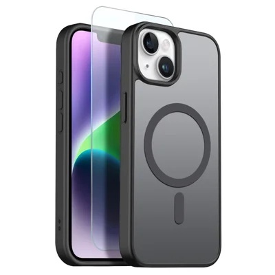 NORTHJO For iPhone 14 Case Compatible with MagSafe Translucent Matte Shockproof Phone Cover with Tempered Glass Film - Black