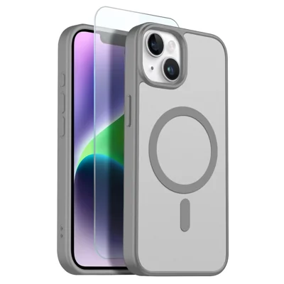 NORTHJO Capa para iPhone 14 Plus Compatível com MagSafe, Capa Transparente Mate À Prova de Choque com Película de Vidro Temperado - Cinzento