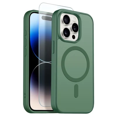 NORTHJO Capa para iPhone 14 Pro Compatível com MagSafe, Capa Transparente Mate à Prova de Choque com Película de Vidro Temperado - Verde