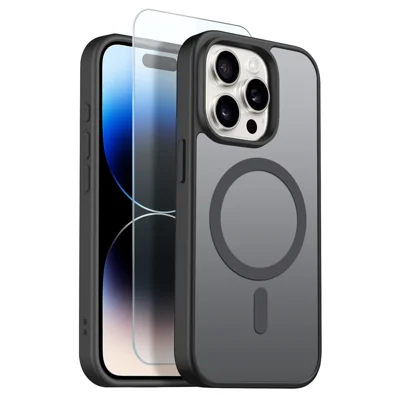 NORTHJO Capa para iPhone 14 Pro Max Compatível com MagSafe Capa Traseira Mate Translúcida à Prova de Choques com Filme de Vidro Temperado - Preto