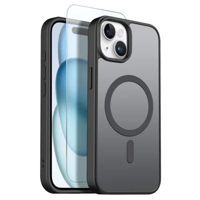 NORTHJO Capa para iPhone 15 Plus Compatível com MagSafe Transparente Mate Capa de Telemóvel à Prova de Choques com Película de Vidro Temperado - Preto