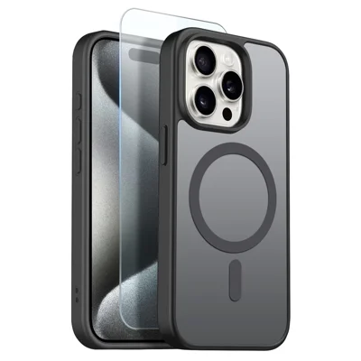 NORTHJO Capa para iPhone 15 Pro Compatível com MagSafe, Capa Mate Translúcida à Prova de Choques com Filme de Vidro Temperado - Preto