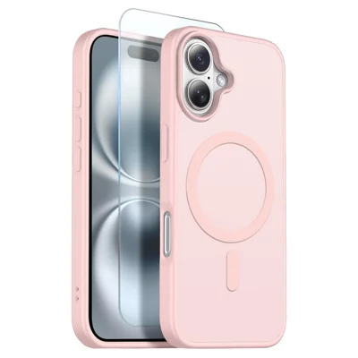 NORTHJO Funda para iPhone 16 compatible con MagSafe, translúcida mate, resistente a impactos, con película de vidrio templado - Rosa