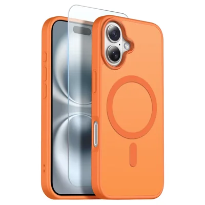 NORTHJO Capa para iPhone 16 Plus Compatível com MagSafe Capa Transparente Mate à Prova de Choque com Filme de Vidro Temperado - Laranja