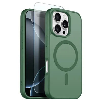 NORTHJO Funda para iPhone 16 Pro Compatible con MagSafe, Funda Protectora Mate Translúcida Antigolpes con Película de Cristal Templado - Verde