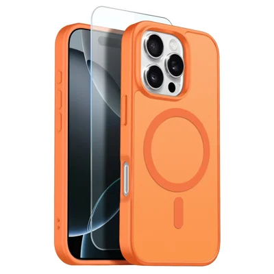 NORTHJO Capa para iPhone 16 Pro Max Compatível com MagSafe Capa Transparente Mate à Prova de Choques com Filme de Vidro Temperado - Laranja