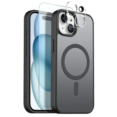 NORTHJO Capa Magnética para iPhone 15 Plus Conjunto de Capa de Telemóvel Fosca Translúcida à Prova de Choques com Protetor de Ecrã Frontal + Filme de Lente - Preto