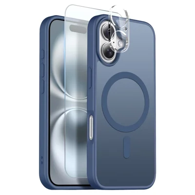 NORTHJO Étui Magnétique pour iPhone 16 Plus, Coque Transparente Mate Antichoc avec Protecteur d'écran Avant + Film Objectif - Bleu