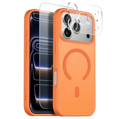 NORTHJO Custodia Magnetica per iPhone 17 Pro Max, Trasparente Opaca, Set Protezione Anticaduta con Pellicola Schermo Frontale + Pellicola Obiettivo - Arancione
