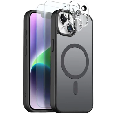 NORTHJO Conjunto 5 em 1 para iPhone 14 Plus Capa Magnética Translúcida Mate Capa à Prova de Choques com 2 Protetores de Ecrã Frontal + 2 Películas para Lente - Preto