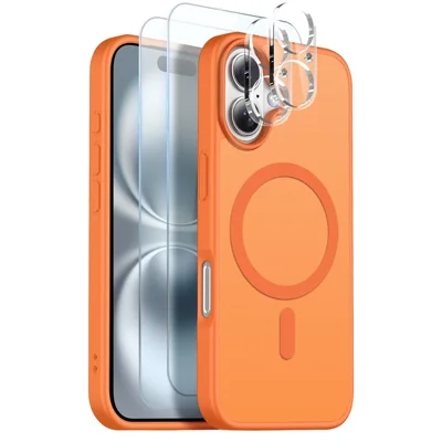 NORTHJO Conjunto 5 em 1 para iPhone 16 Plus Capa Magnética Translúcida Mate Capa à Prova de Choques com 2 Protetores de Ecrã Frontal + 2 Películas para Lentes - Laranja