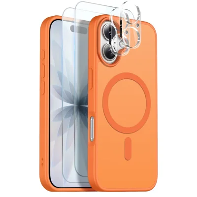 NORTHJO Ensemble 5 en 1 pour iPhone 17 Pro Étui Magnétique Translucide Mat Housse Antichoc avec 2 Protège-Écran Avant + 2 Films Objectif - Orange