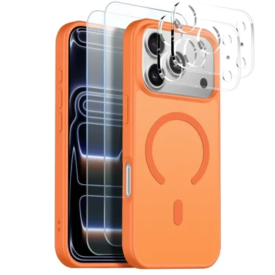 NORTHJO Set 5 in 1 per iPhone 17 Pro Max Custodia Magnetica Trasparente Opaca Antiurto con 2 Protettori Schermo Anteriore + 2 Pellicole Obiettivo - Arancione