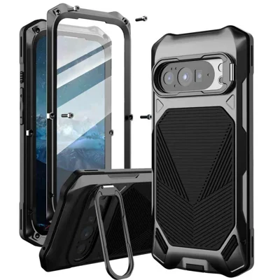 Magnetic Case For Google Pixel 10 Pro  /  10  /  9 Pro  /  9 Military Grade Shockproof Metal Silicone Cover with Lens Frame Kickstand - Black