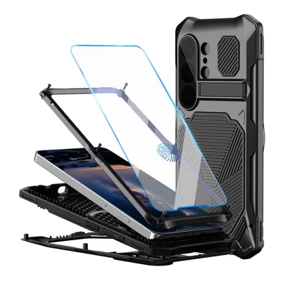 For Samsung Galaxy S26 Ultra Magnetic Case Kickstand Military Grade Shockproof Metal Silicone Armor Cover with Tempered Glass Screen Protector  - Black