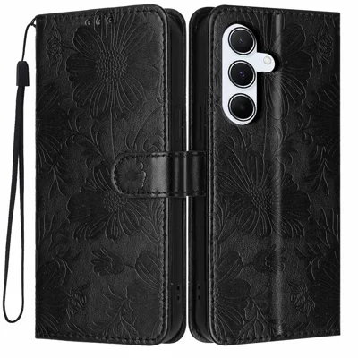 For Samsung Galaxy A27 5G Wallet Case Imprint Floral PU Leather Stand Flip Phone Cover with Wrist Strap - Black