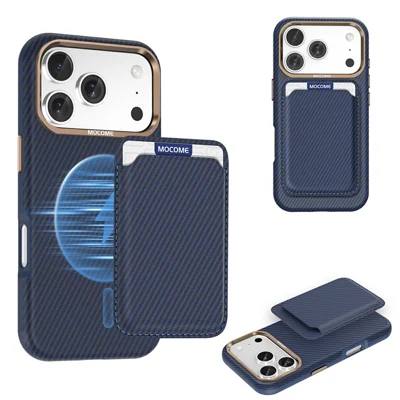 For iPhone 17 Pro Magnetic Case Carbon Fiber Texture Leather Back Phone Cover with Detachable Card Holder - Sapphire