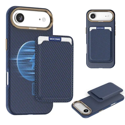 For iPhone Air Magnetic Case Carbon Fiber Texture Leather Back Phone Cover with Detachable Card Holder - Sapphire