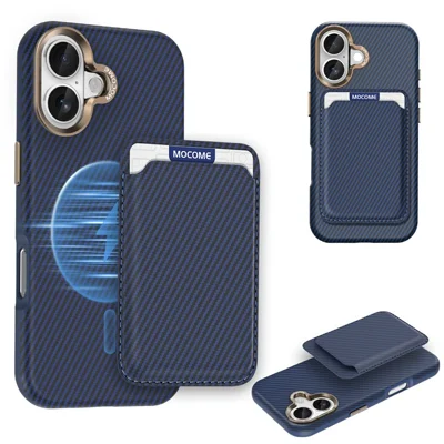 For iPhone 17 Magnetic Case Carbon Fiber Texture Leather Back Phone Cover with Detachable Card Holder - Sapphire
