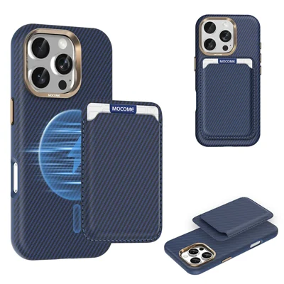 Cover Magnetico per iPhone 16 Pro Max con Texture in Fibra di Carbonio Kevlar, Custodia con Pelle Posteriore e Portatessere Rimovibile - Zaffiro