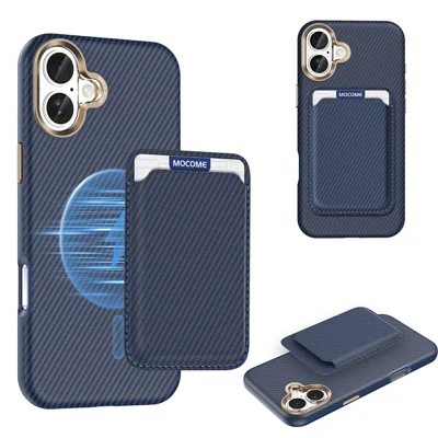 For iPhone 16 Plus Magnetic Case Carbon Fiber Texture Leather Back Phone Cover with Detachable Card Holder - Sapphire