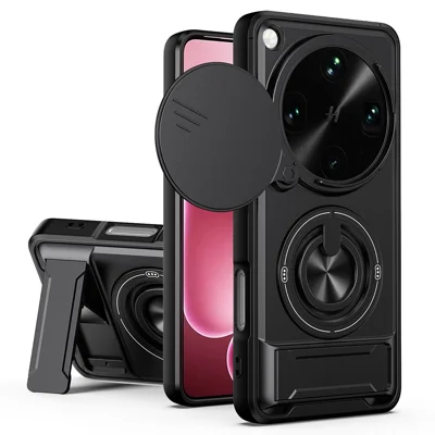 Etui magnetyczne z uchwytem pierścieniowym i składaną podstawką TPU/PC z przesuwanym pokryciem obiektywu aparatu do Oppo Find X9 Ultra 5G – Czarny