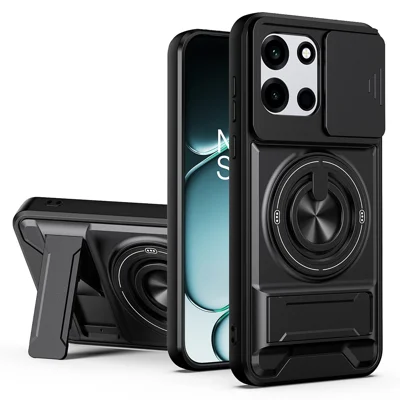 Funda Magnética para OnePlus Turbo 6 5G con Soporte de Anillo y Patas Abatibles, Funda de Teléfono TPU PC con Obturador Deslizante para Lente de Cámara - Negro