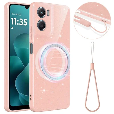 Custodia Magnetica per Motorola Moto G06 Power 4G / G06 4G, Cover in TPU Antishock con Glitter e Laccetto - Rosa