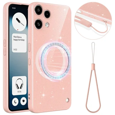 For Nothing Phone (3a) Lite 5G Magnetic Case Glitter TPU Shockproof Phone Cover with Lanyard - Pink