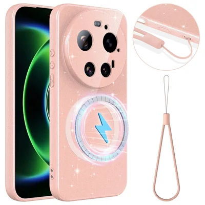 For Xiaomi 17 Ultra 5G Magnetic Case Glitter TPU Shockproof Phone Cover with Lanyard - Pink