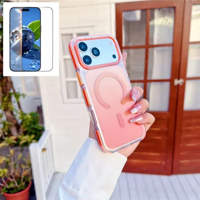 For iPhone 17 Pro Gradient Magnetic Case with Tempered Glass Screen Protector Shockproof TPU PC Clear Cover - Orange