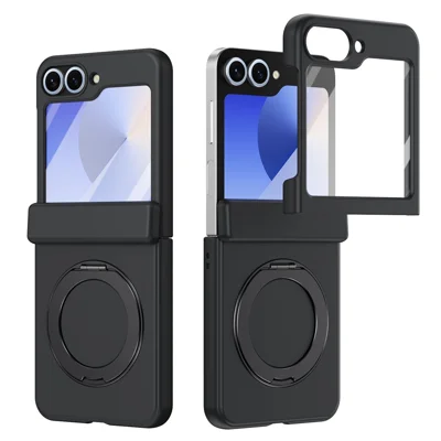 For Samsung Galaxy Z Flip6 5G Foldrable Case 360° Rotating Alloy Kickstand Hinge Protection Shockproof Cover with Glass Film - Black