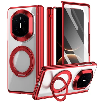 For Huawei Mate X7 Case 360° Rotating Alloy Kickstand Hinge Protection Shockproof Cover with Glass Film - Red