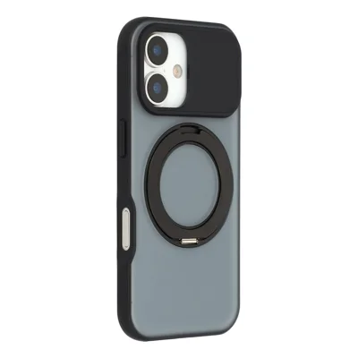 For iPhone 17 Magnetic Case Rotating Ring Kickstand PC + TPU Skin-touch Phone Cover - Transparent Black