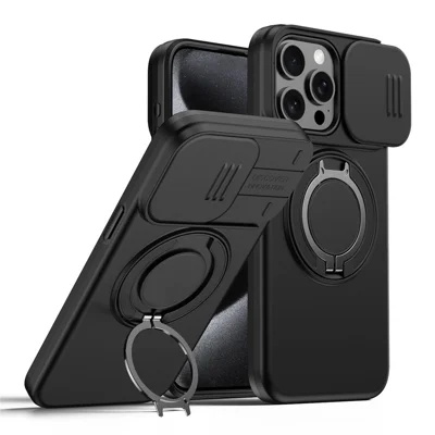 For iPhone 12 Pro Max  /  13 Pro Max Case Magnetic Case Ring Kickstand Slide Camera Cover TPU PC Hybrid Phone Shell - Black