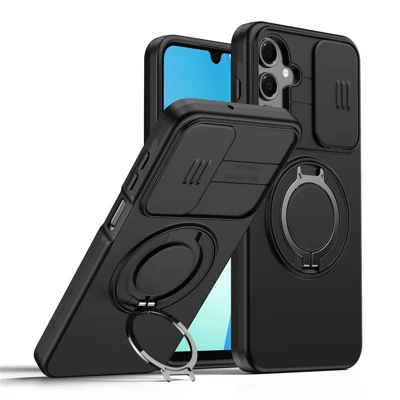 For Samsung Galaxy A18 5G / A18 4G / A17 5G / A17 4G Case Magnetic Case Ring Kickstand Slide Camera Cover TPU PC Hybrid Phone Shell - Black