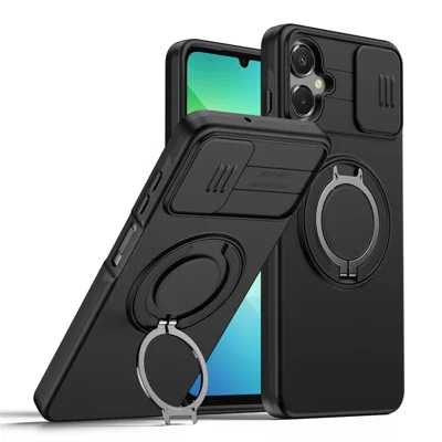 For Samsung Galaxy A06 4G  /  A06 5G Case Magnetic Case Ring Kickstand Slide Camera Cover TPU PC Hybrid Phone Shell - Black