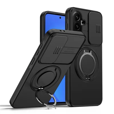 For Samsung Galaxy A57 5G Case Magnetic Case Ring Kickstand Slide Camera Cover TPU PC Hybrid Phone Shell - Black