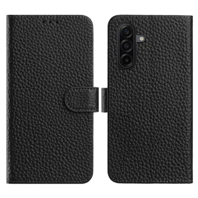 For Samsung Galaxy A27 5G Case Wallet Stand Litchi Texture Genuine Cow Leather Flip Phone Cover - Black