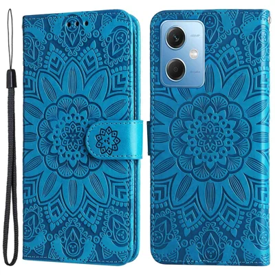 Capa Carteira em Pele PU com Estampa de Girassol para Xiaomi Redmi Note 12 5G (Global) / (Índia) / (China) / Poco X5 5G, Capa Tipo Fólio com Suporte e Alça - Azul