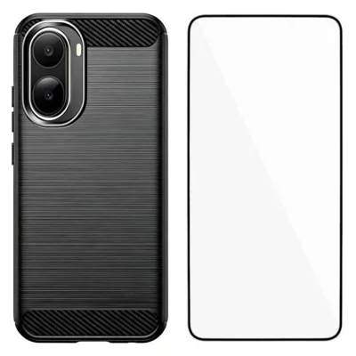 Für Xiaomi Redmi A7 Pro 4G / Xiaomi Poco C85x 5G Hülle mit Displayschutzfolie WANLONFENG LS Serie Große Objektivöffnung Gebürstete Struktur TPU Handyhülle - Schwarz