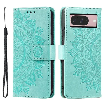 For Google Pixel 11 Stand Case Imprinted Totem PU Leather Wallet Phone Cover with Wrist Strap - Mint Green