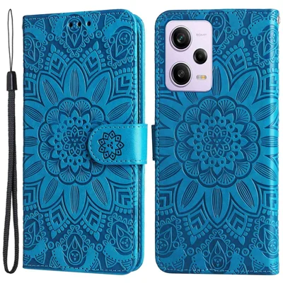 For Xiaomi Redmi Note 12 Pro 5G  / Note 12 Pro Speed 5G / Poco X5 Pro 5G  PU Leather Sunflower Imprinted Phone Case Magnetic Closure Stand Flip Cover with Wrist Strap - Blue