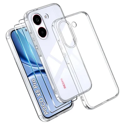 Für Xiaomi Poco X8 Pro 5G Hülle TPU Transparente Handyhülle + 2 Stk. Gehärtetem Glas Displayschutzfolie 2,5D Rundkante - Transparent