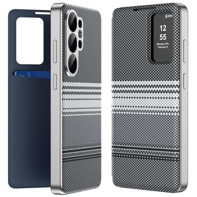 For Samsung Galaxy S26 Ultra Case Card Slot View Window Gradient Color Checkered Pattern Leather Phone Cover - Black