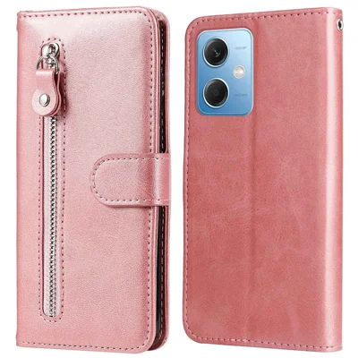 Capa de Telemóvel com Textura de Bezerro para Xiaomi Redmi Note 12 5G (Global) / (Índia) / (China) / Poco X5 5G, Estilo Livro, Couro PU com Bolso com Fecho de Correr, Capa Carteira com Suporte - Rosa